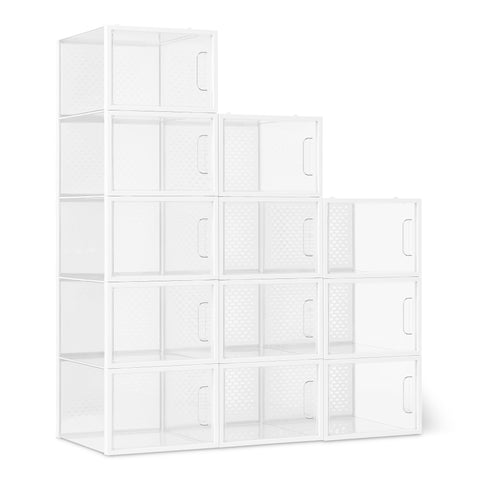 amazon basics front view of 12-pack clear shoe boxes showing organized benefit