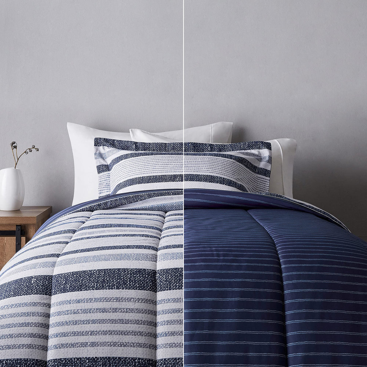 Amazon Basics front view of comforter set showing blue denim face and neat fold, completes a bed