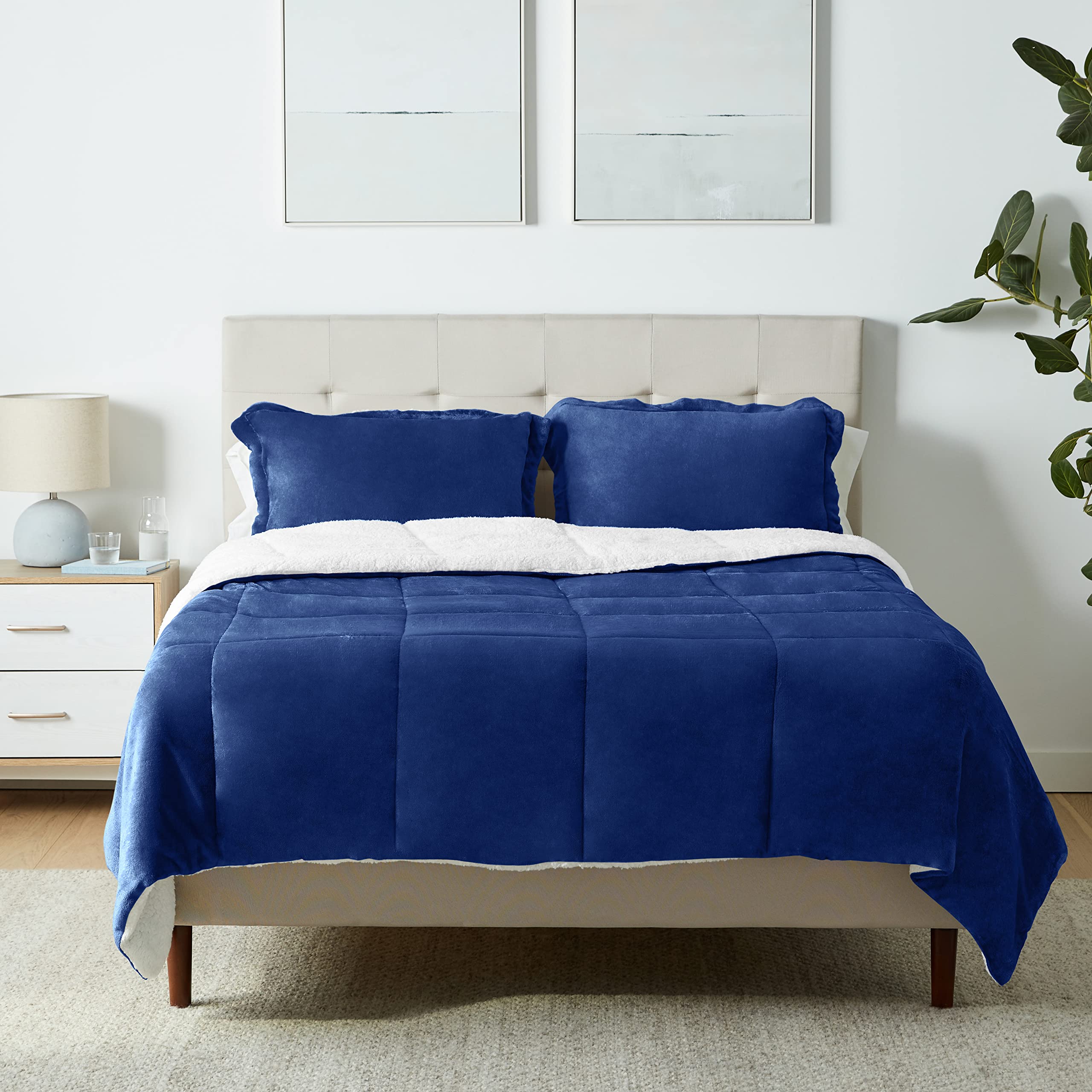Amazon Basics front view navy comforter showing neat finish and modern color for bedroom