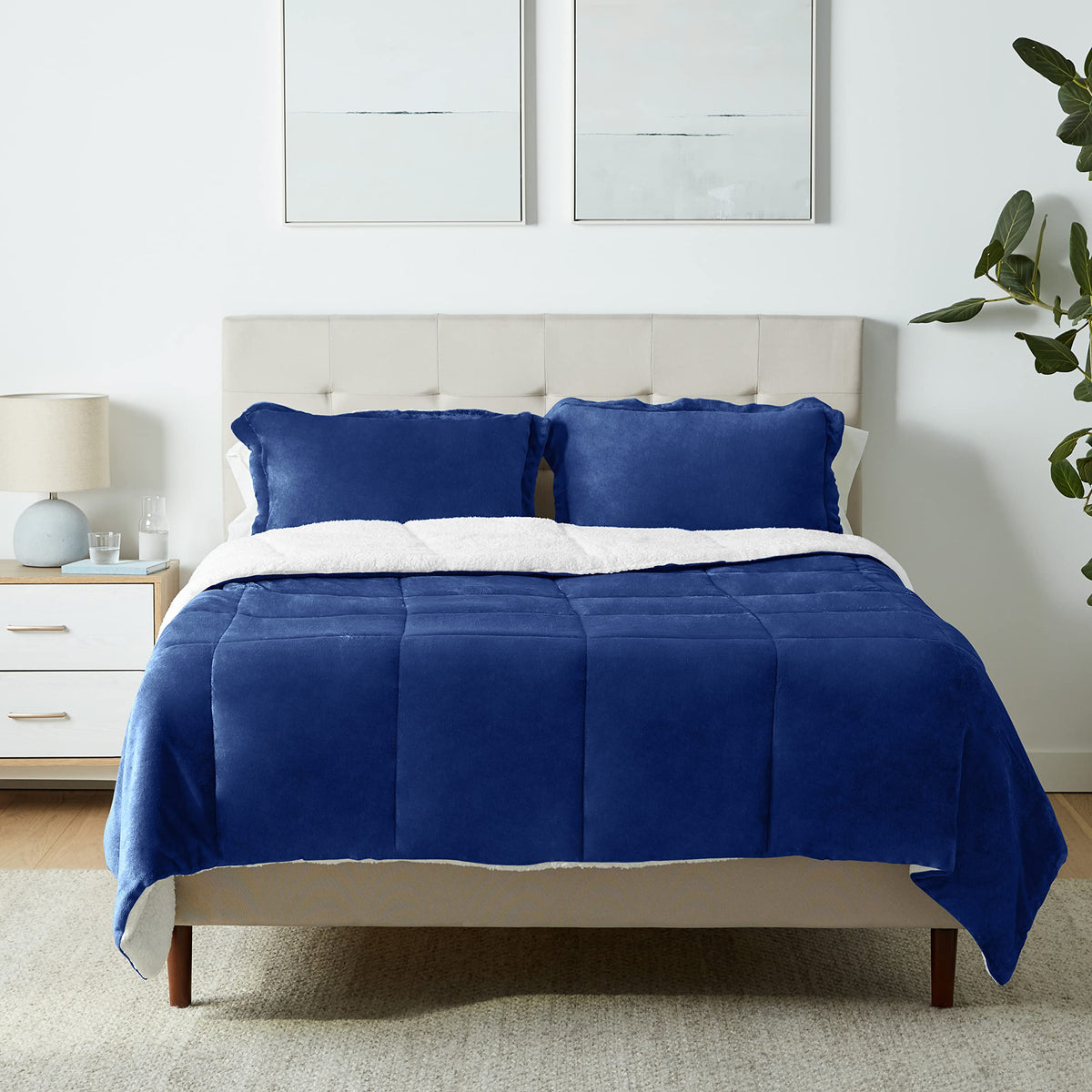 Amazon Basics front view navy comforter showing neat finish and modern color for bedroom