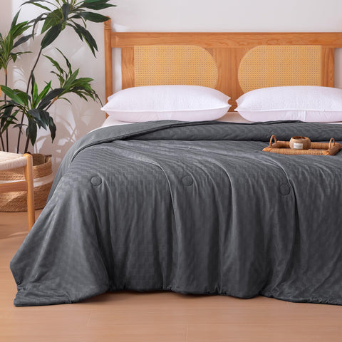 Amazon Basics comforter front view shows dark gray cooling layer and neat finish