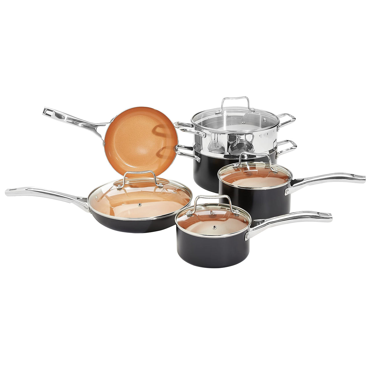 Amazon Basics front view of copper 10-piece set showing cookware lineup and benefit of complete starter kit