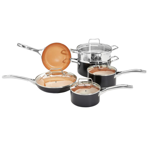 Amazon Basics front view of copper 10-piece set showing cookware lineup and benefit of complete starter kit