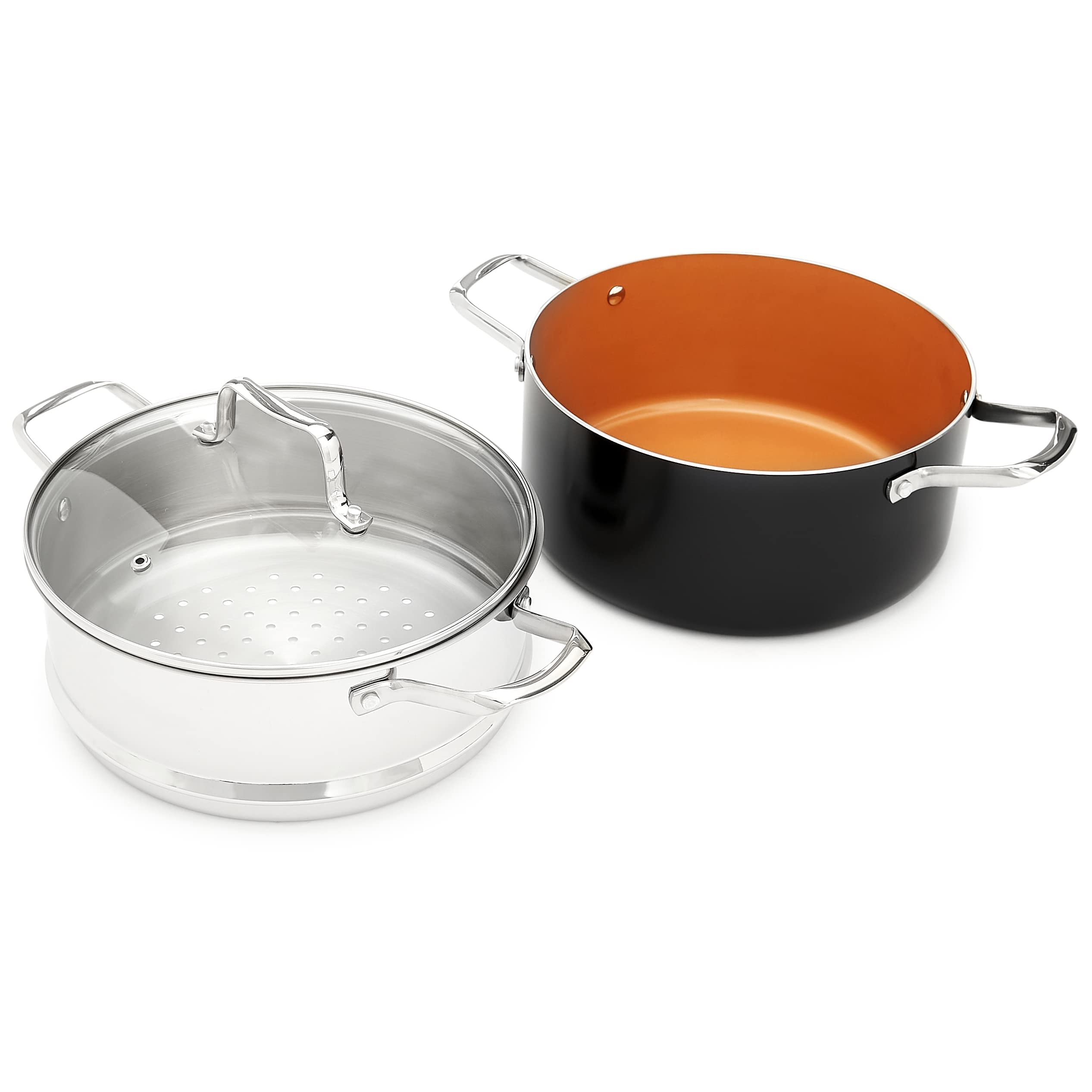 Amazon Basics steamer in use over pot showing healthy steaming and versatile cooking benefit