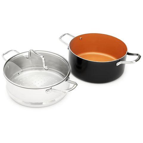 Amazon Basics steamer in use over pot showing healthy steaming and versatile cooking benefit