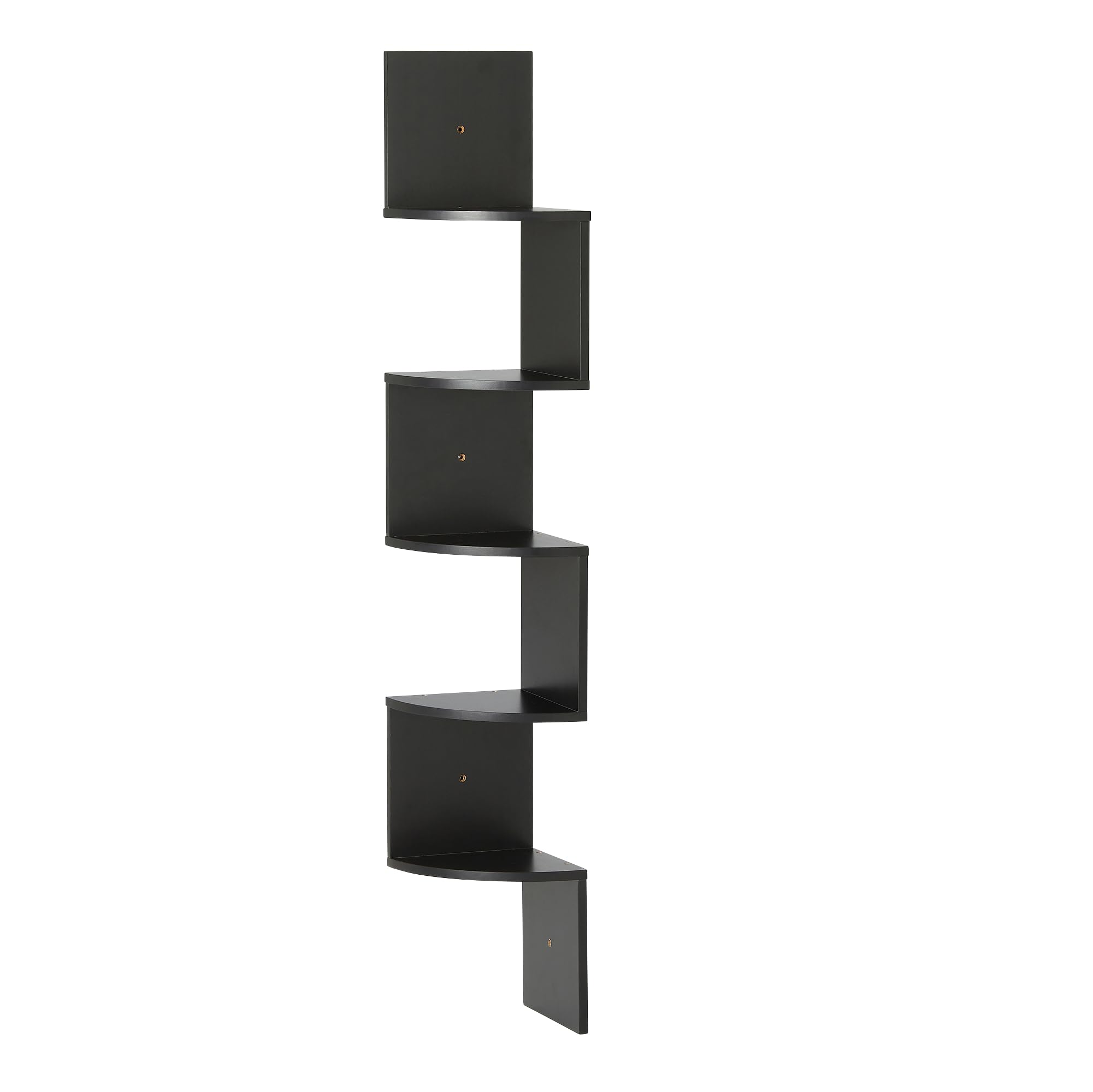 Amazon Basics front view of black 5-tier corner shelf showing clean storage benefit