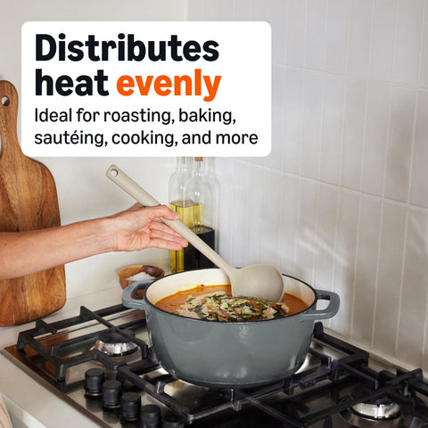 Amazon Basics Dutch oven dual handles detail showing secure grip and safe transfer benefit