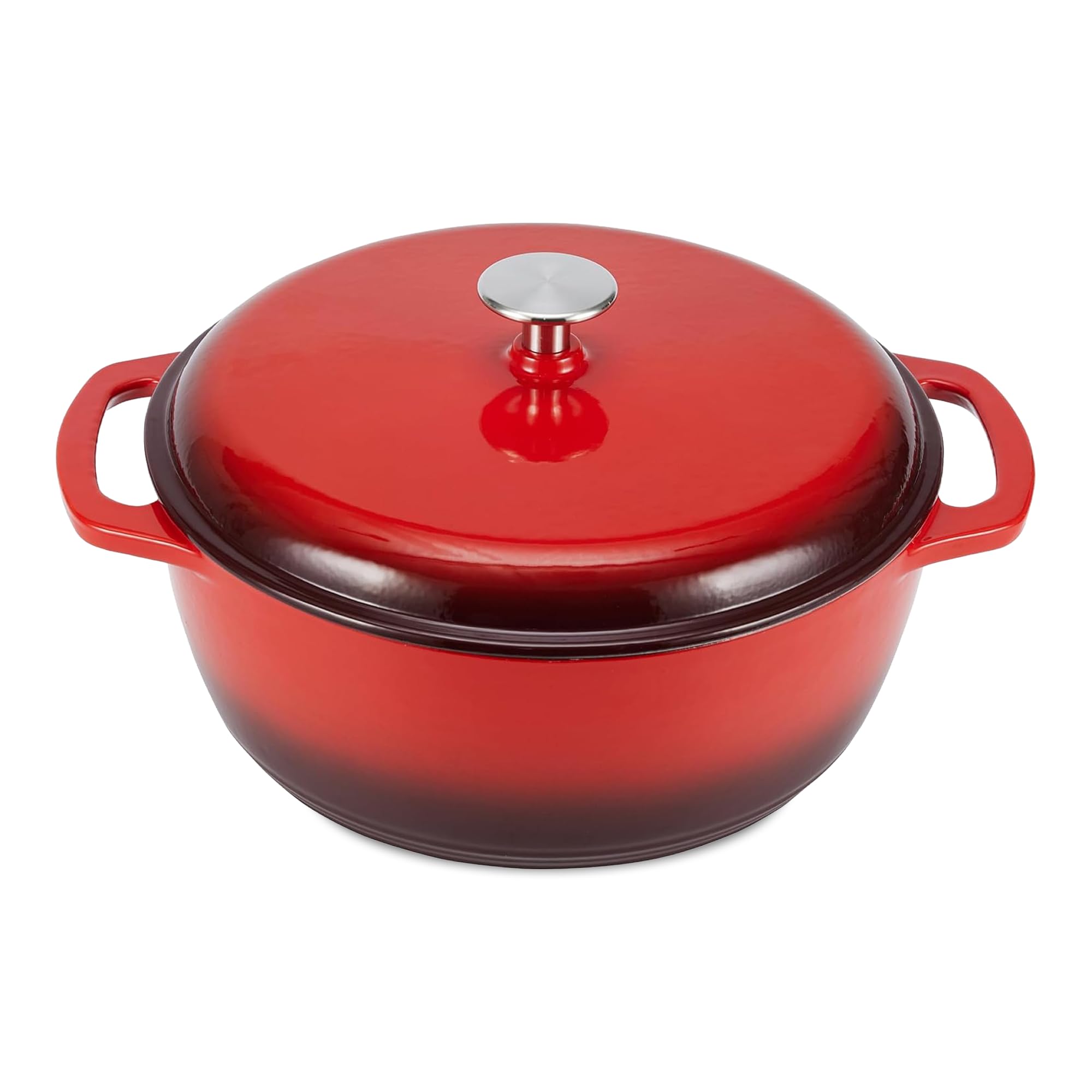 Amazon Basics red Dutch oven front view showing design and capacity benefits