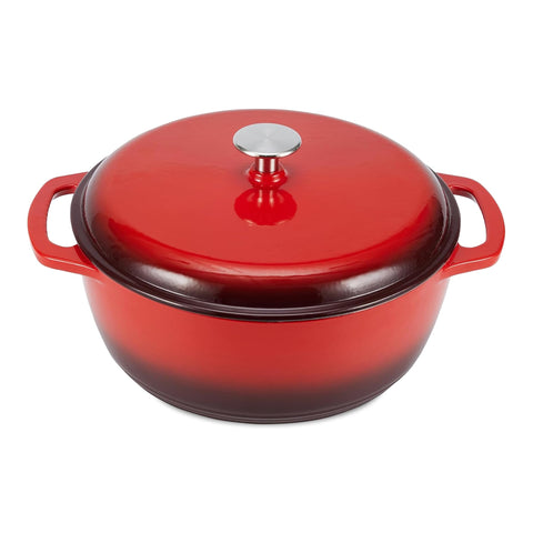Amazon Basics red Dutch oven front view showing design and capacity benefits