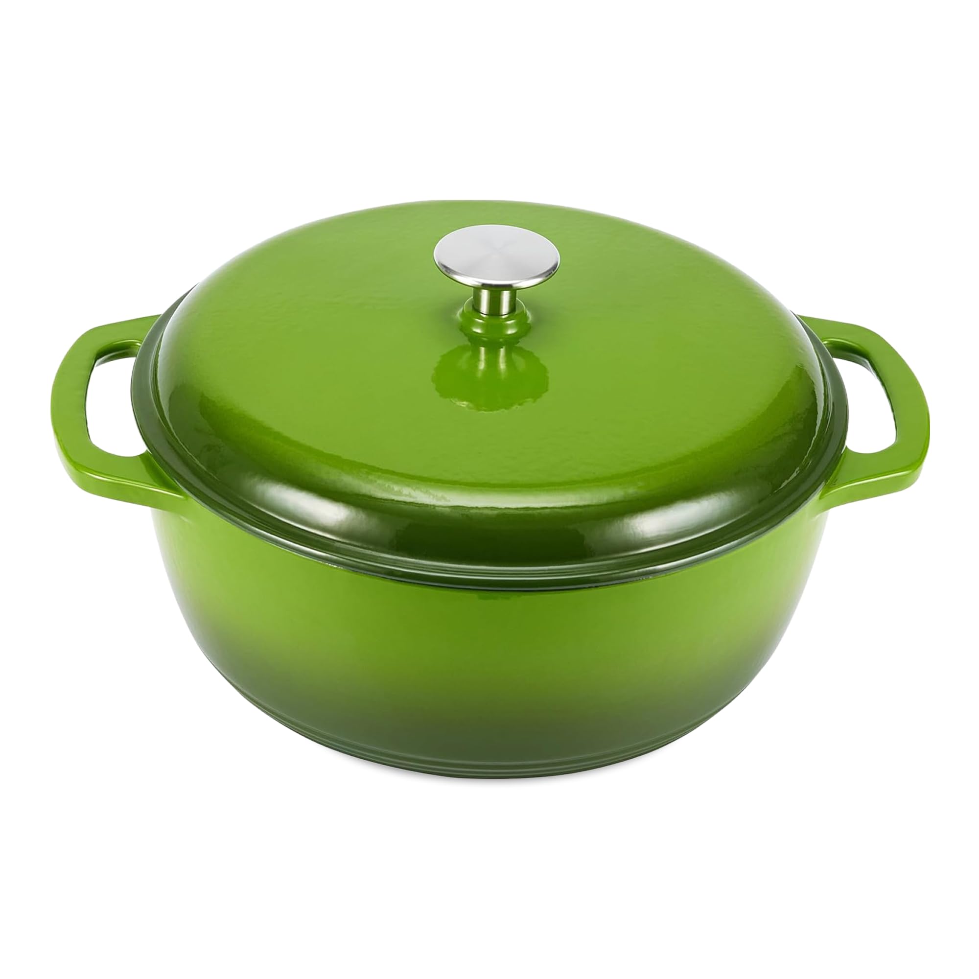 Amazon Basics Dutch oven front view showing green enamel and heavy-duty design for even cooking