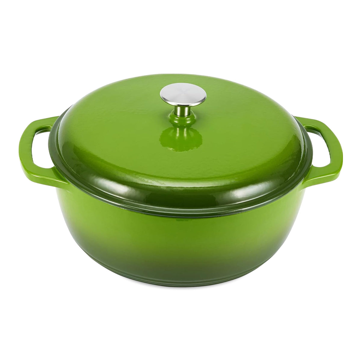 Amazon Basics Dutch oven front view showing green enamel and heavy-duty design for even cooking
