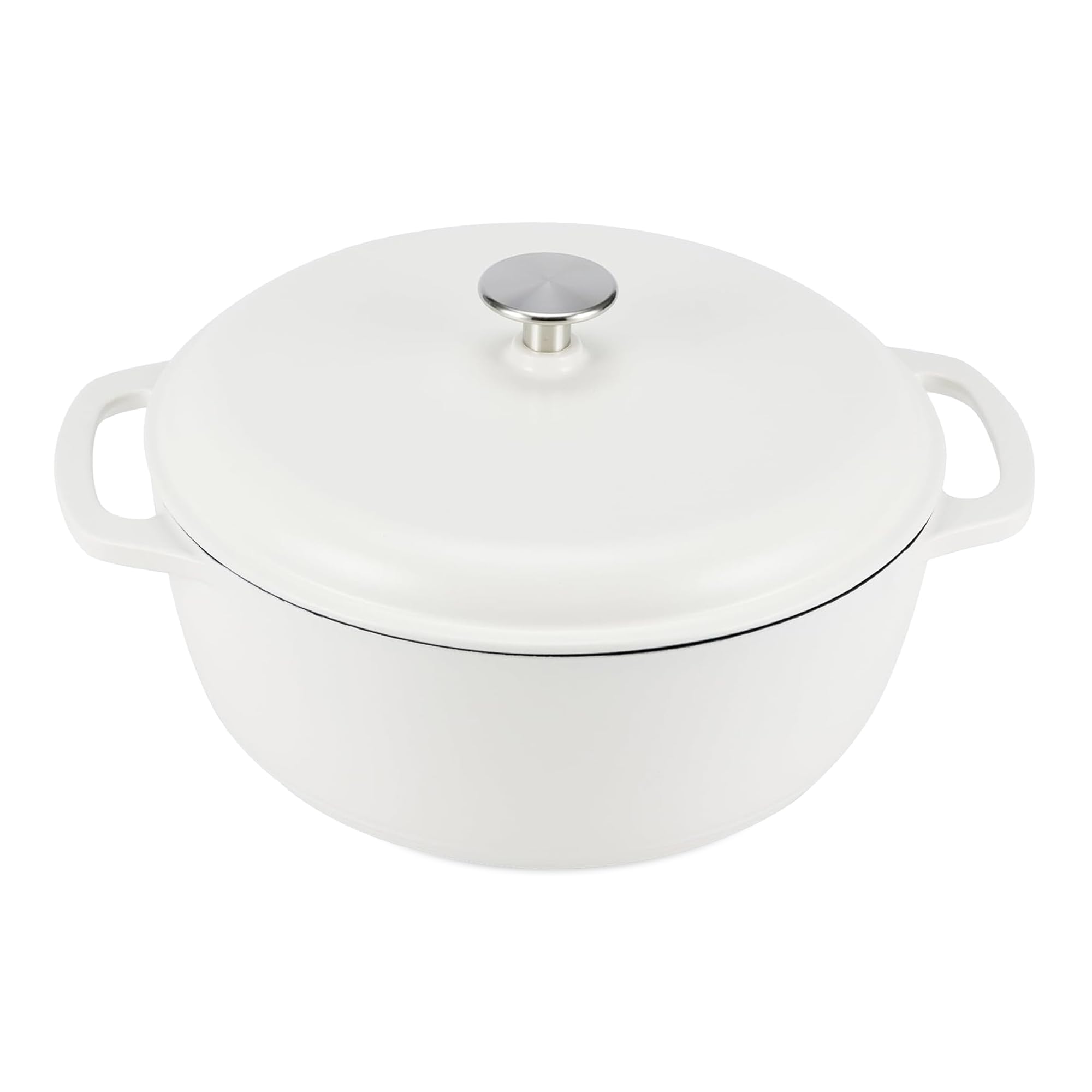 Amazon Basics Dutch oven front view showing matte white finish and dual handles for easy lifting