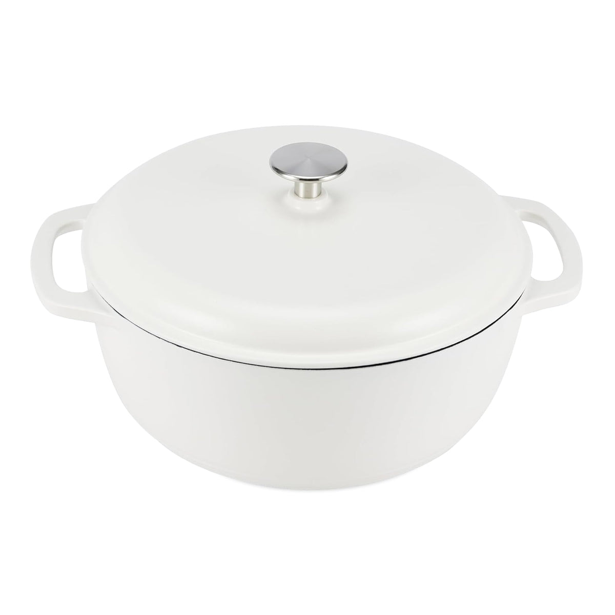 Amazon Basics Dutch oven front view showing matte white finish and dual handles for easy lifting