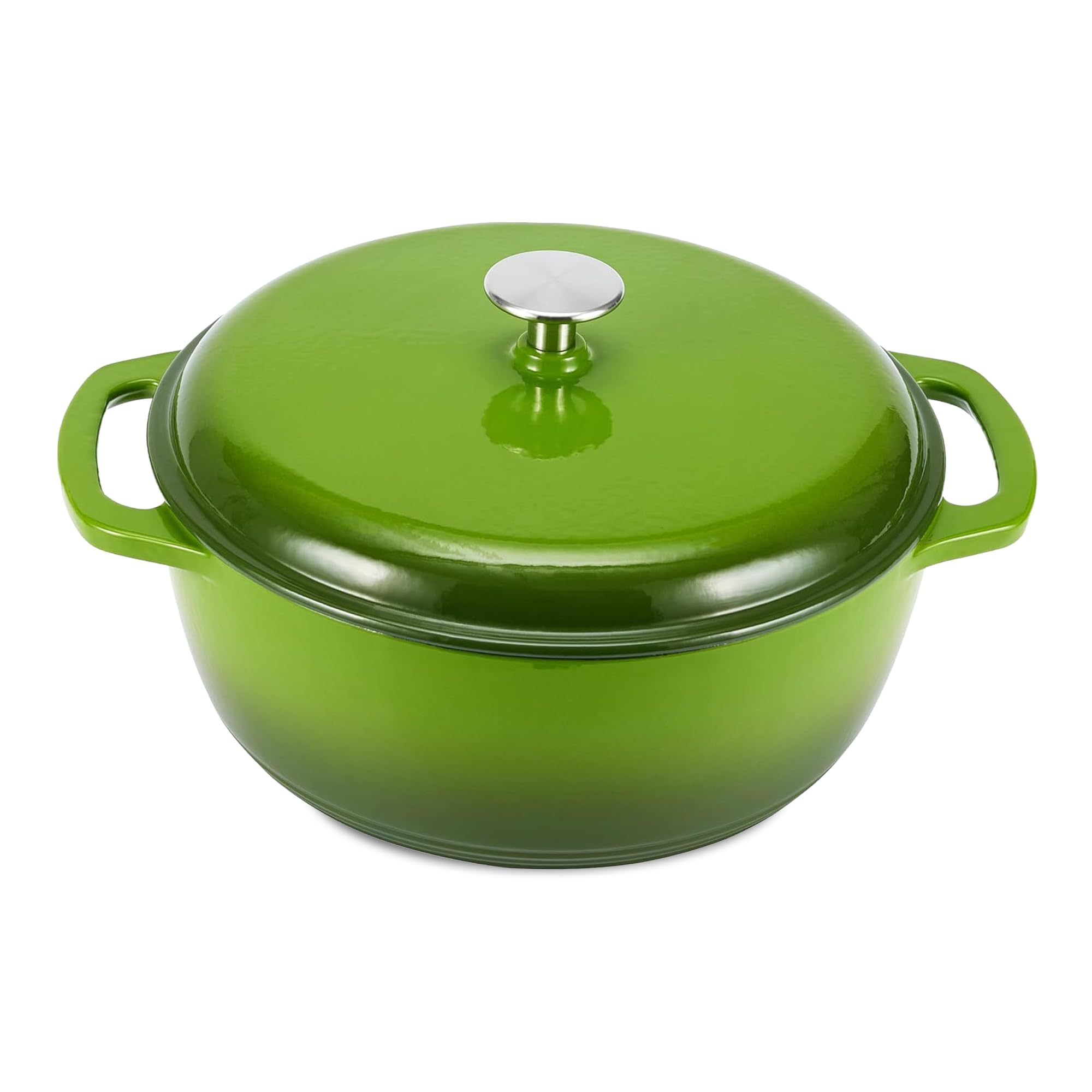 Amazon Basics front view of green Dutch oven showing dual handles and lid for easy handling