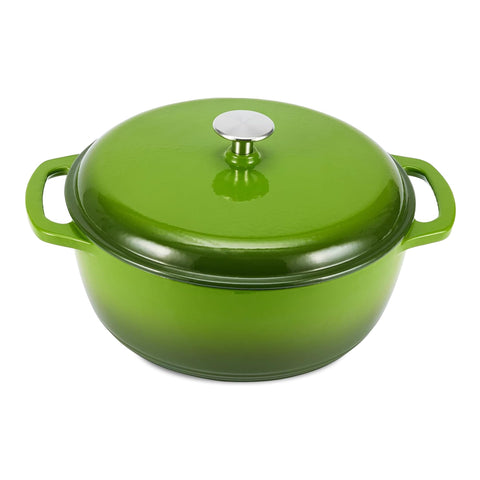 Amazon Basics front view of green Dutch oven showing dual handles and lid for easy handling
