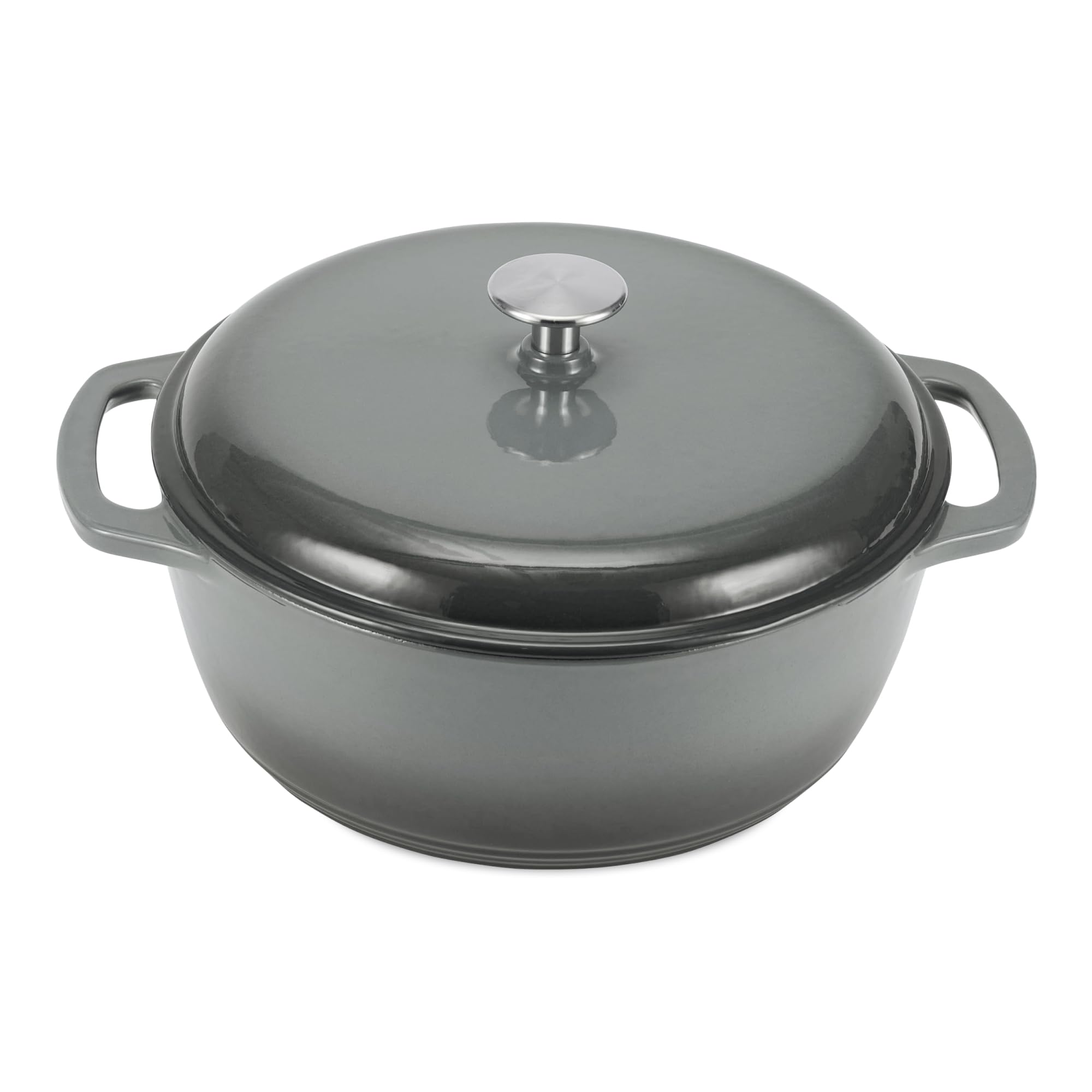 Amazon Basics Dutch oven front view showing gray enamel and lid benefit: durable finish