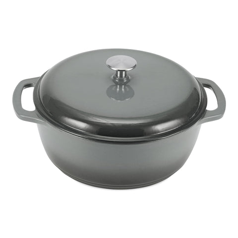 Amazon Basics Dutch oven front view showing gray enamel and lid benefit: durable finish