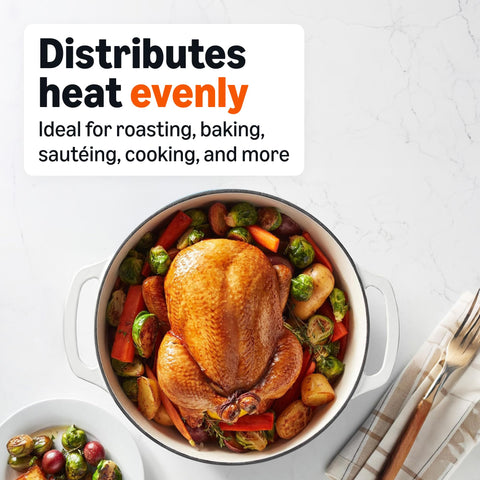 Amazon Basics Dutch oven on stovetop with simmering stew demonstrating even heat retention