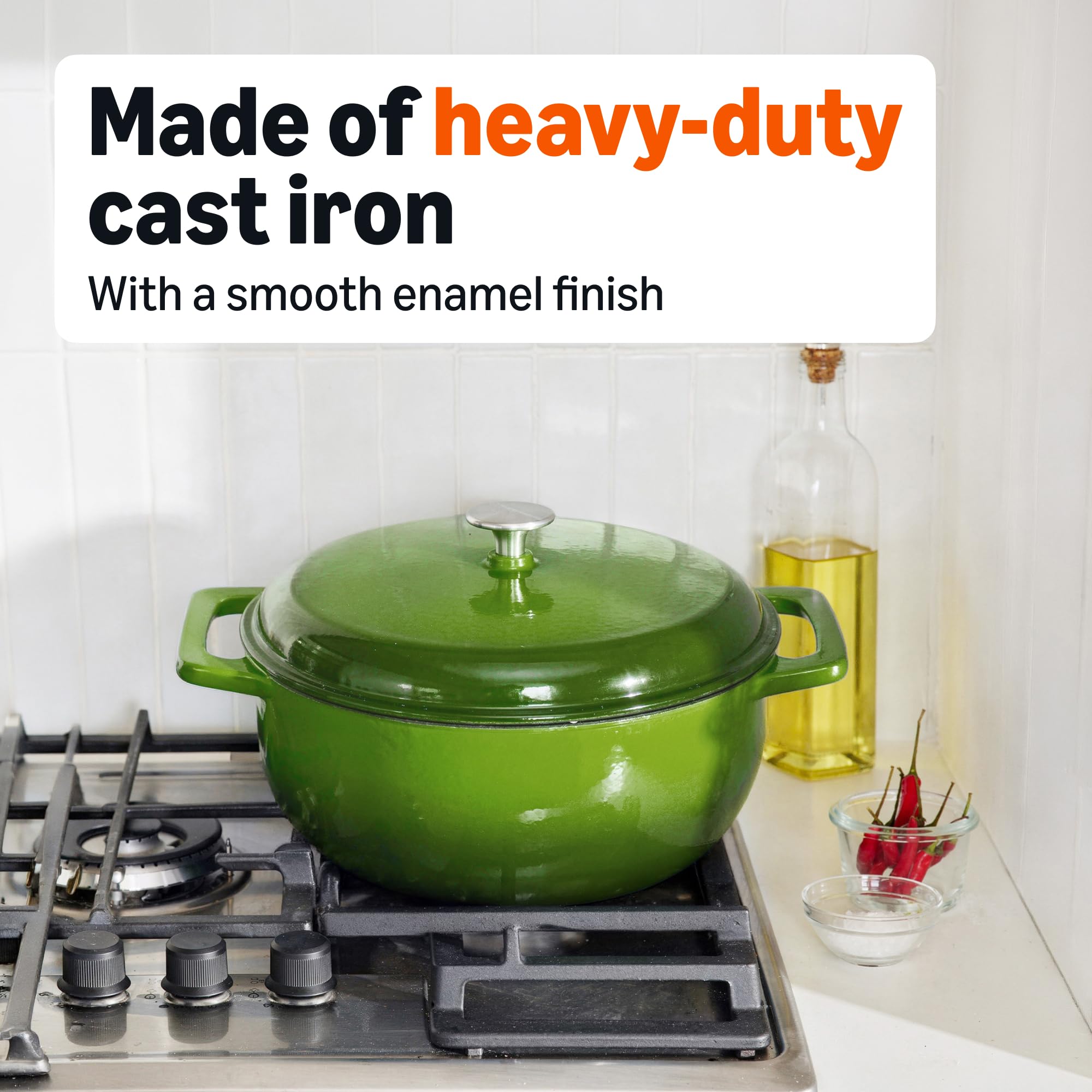 Amazon Basics pot in oven illustrating oven-safe up to 500°F for roasting and baking