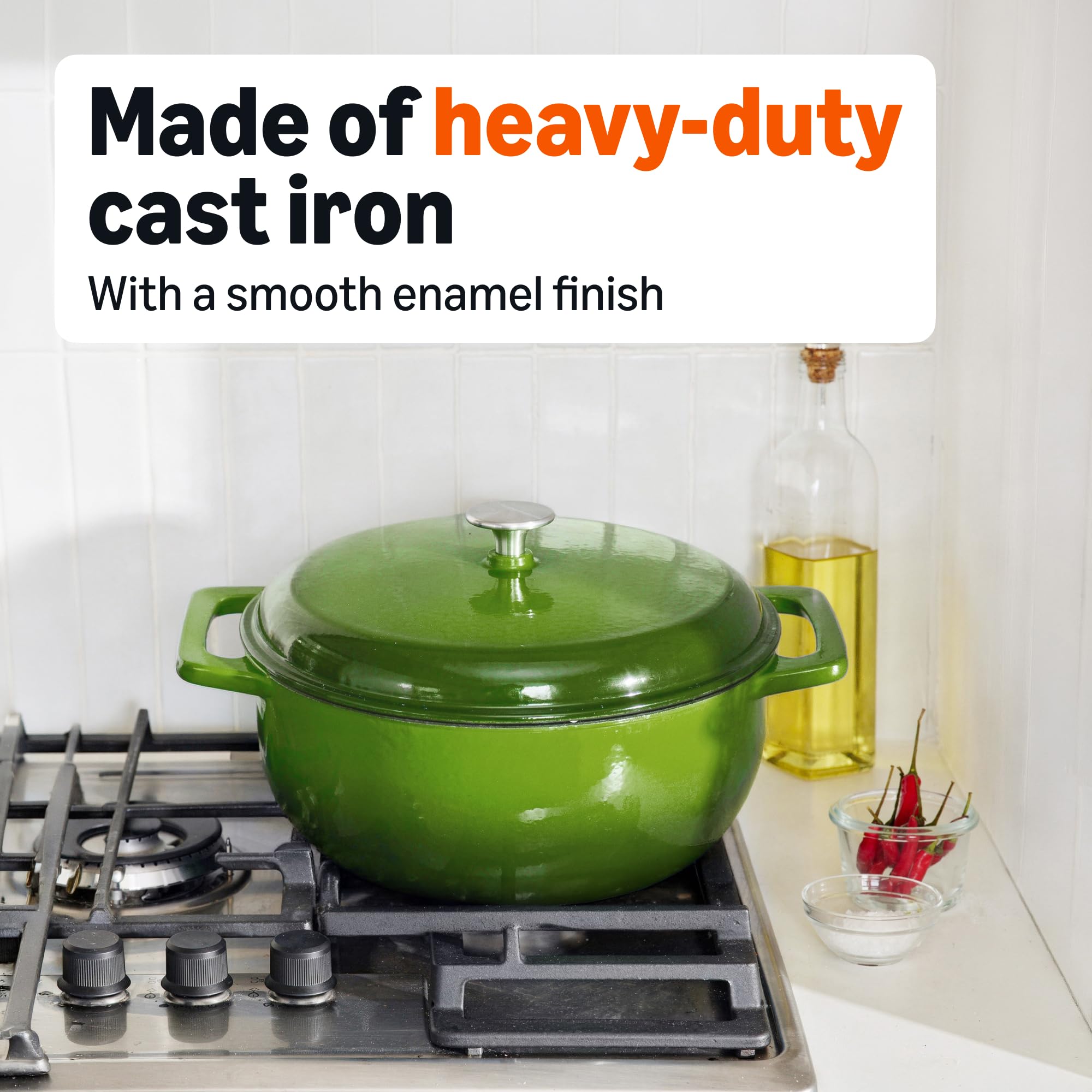 Amazon Basics Dutch oven next to measuring cup showing 7.3-quart capacity for family meals