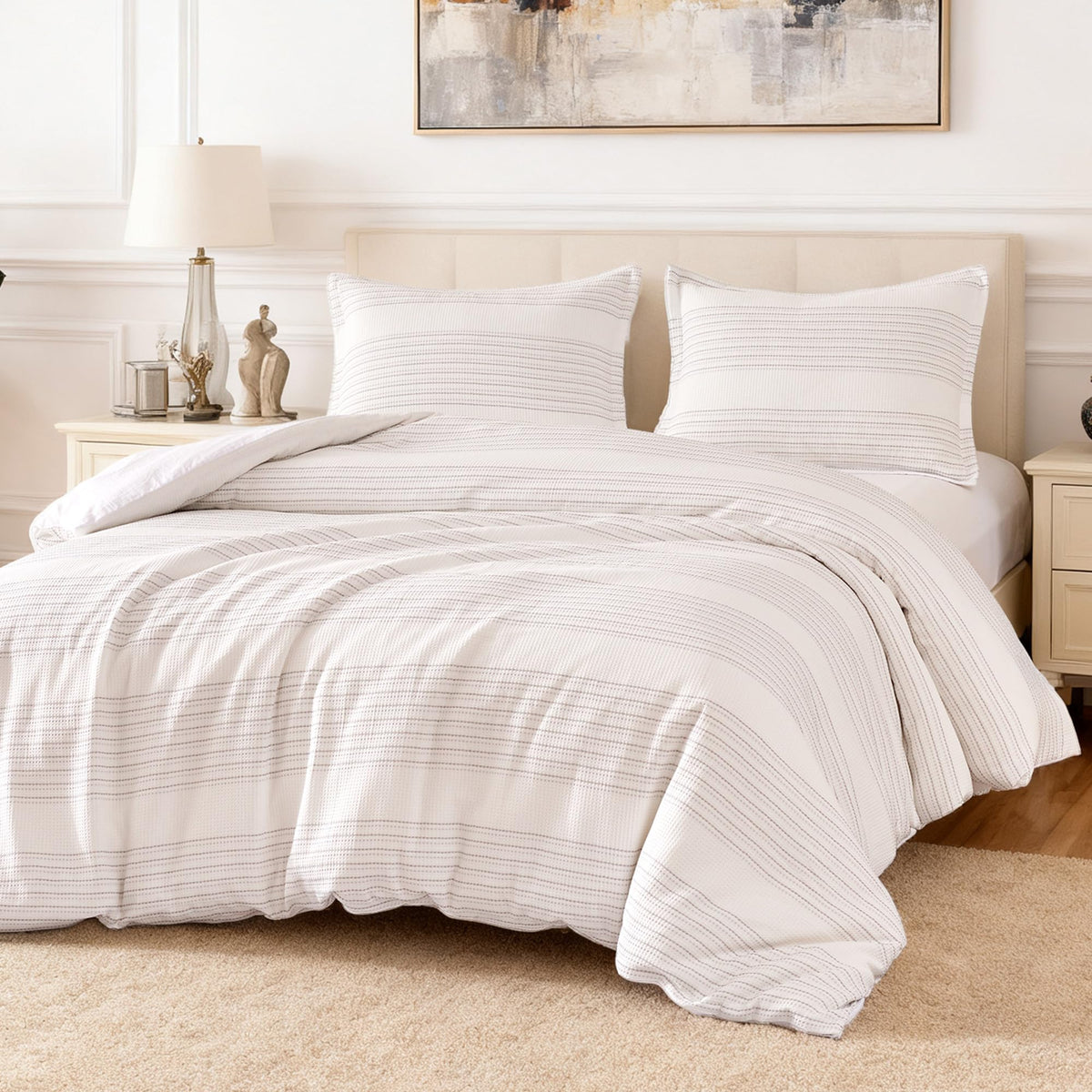 Amazon Basics duvet cover front view showing striped waffle design and neat finish