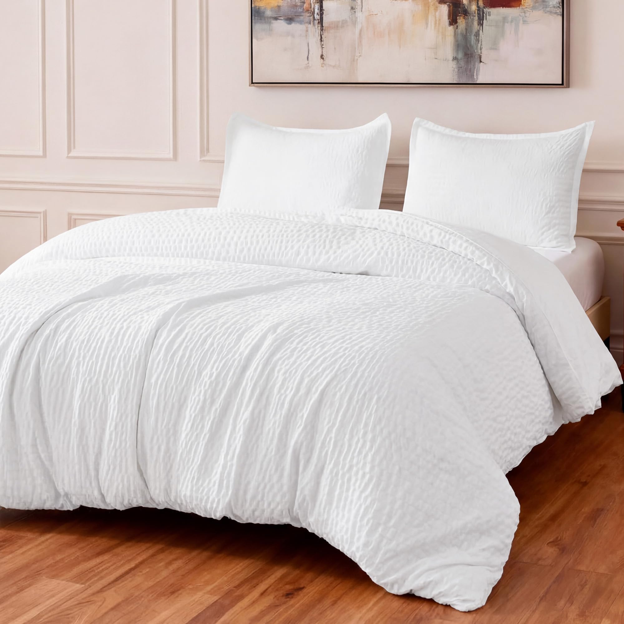 Amazon Basics duvet cover front view showing crisp white finish and modern look