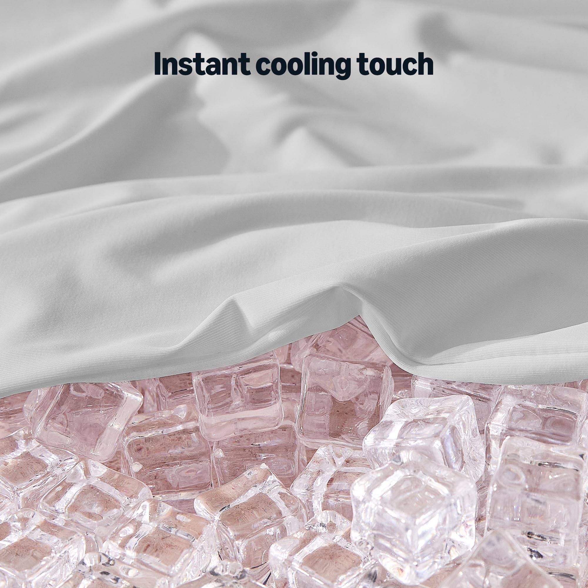 Amazon Basics fitted sheet stretched over thick mattress showing 15-inch deep pocket and secure elastic fit benefit