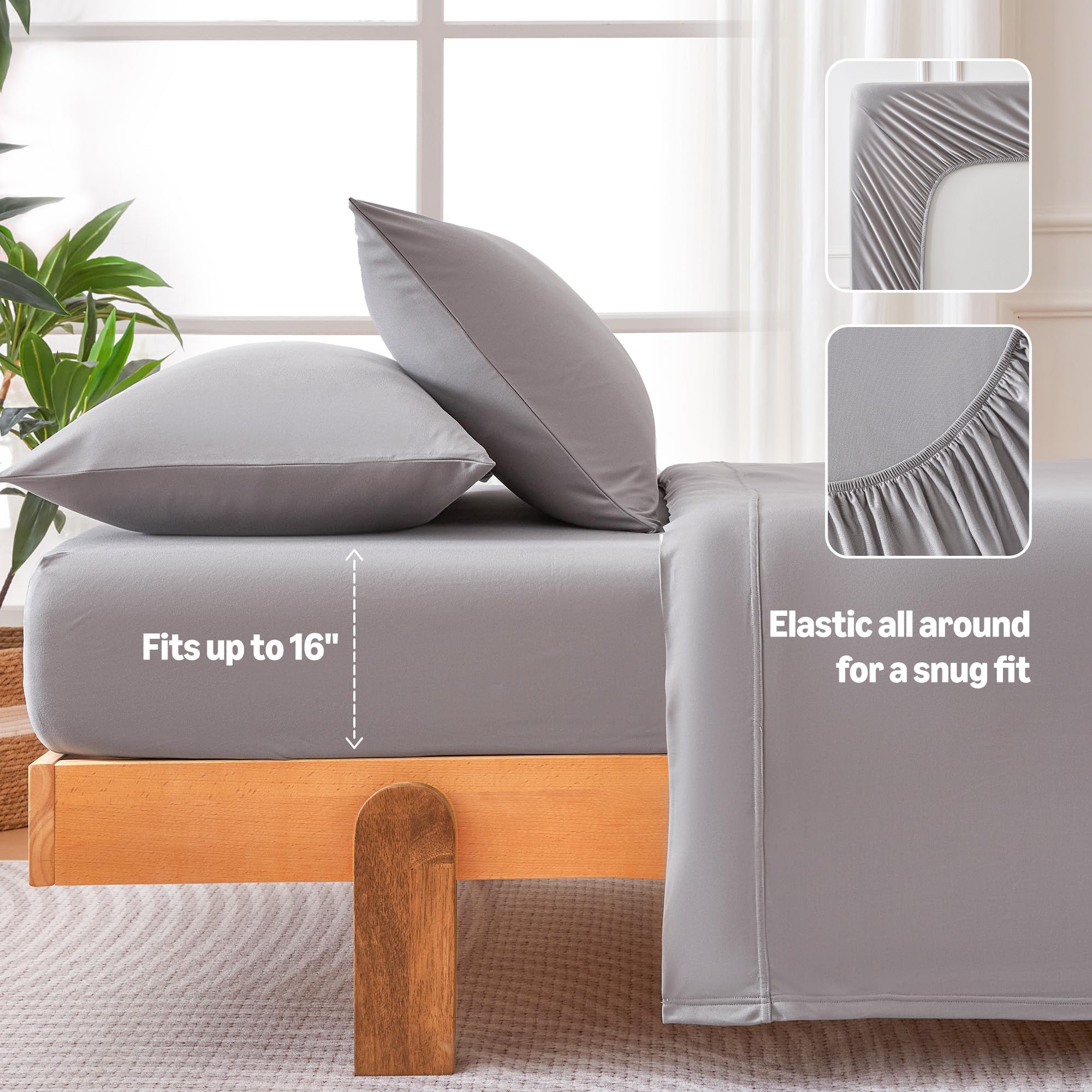 Amazon Basics flat sheet spread on a made bed illustrating smooth drape and neutral gray look