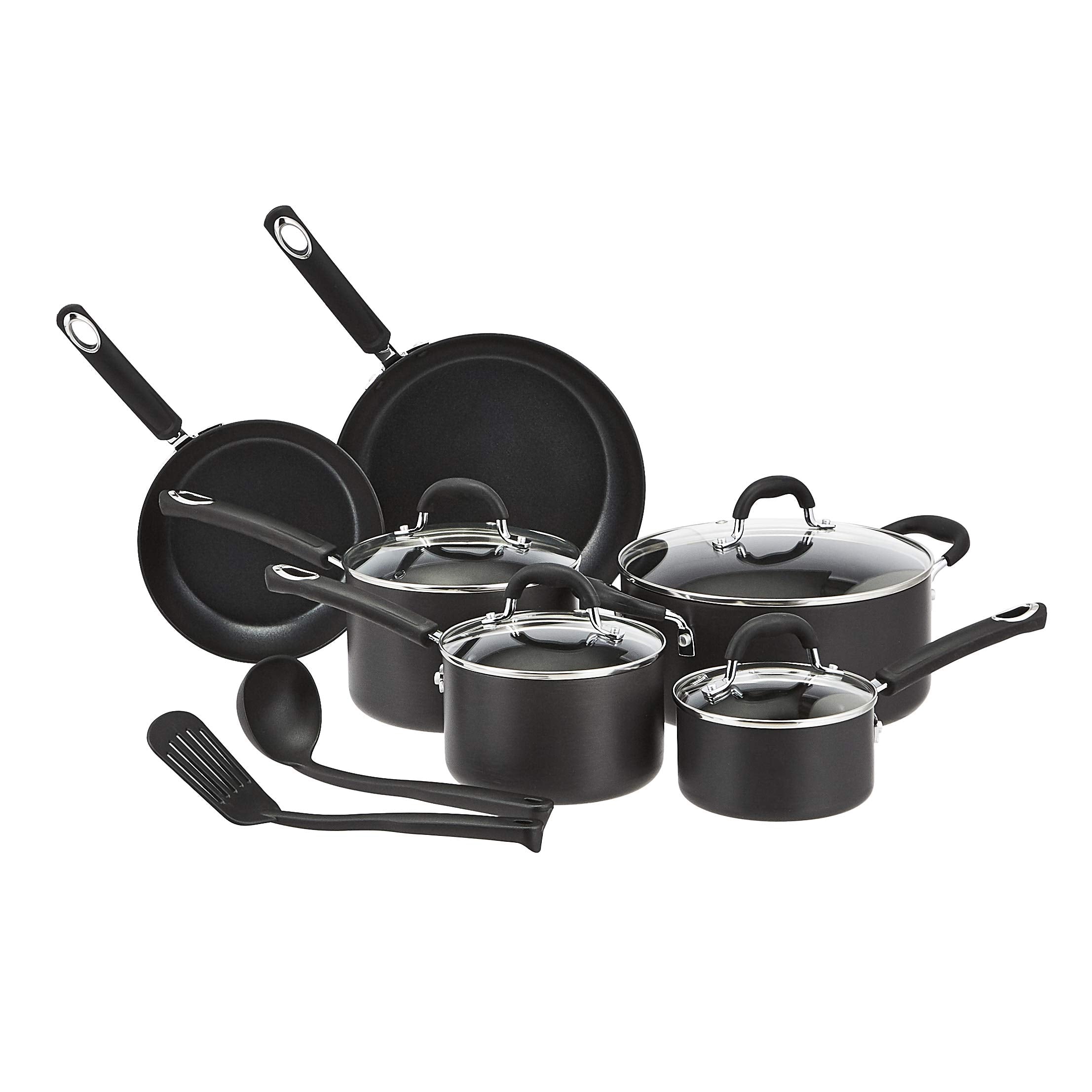 Amazon Basics front packaging showing the full 12-piece cookware set and included lids for kitchen readiness