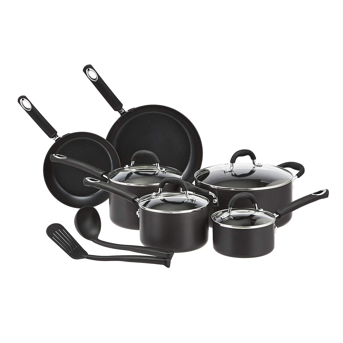 Amazon Basics front packaging showing the full 12-piece cookware set and included lids for kitchen readiness