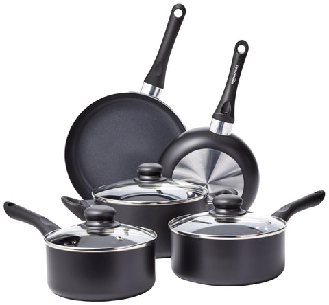 Amazon Basics front view of black 8-piece cookware set showing included pans and lids benefit simplicity