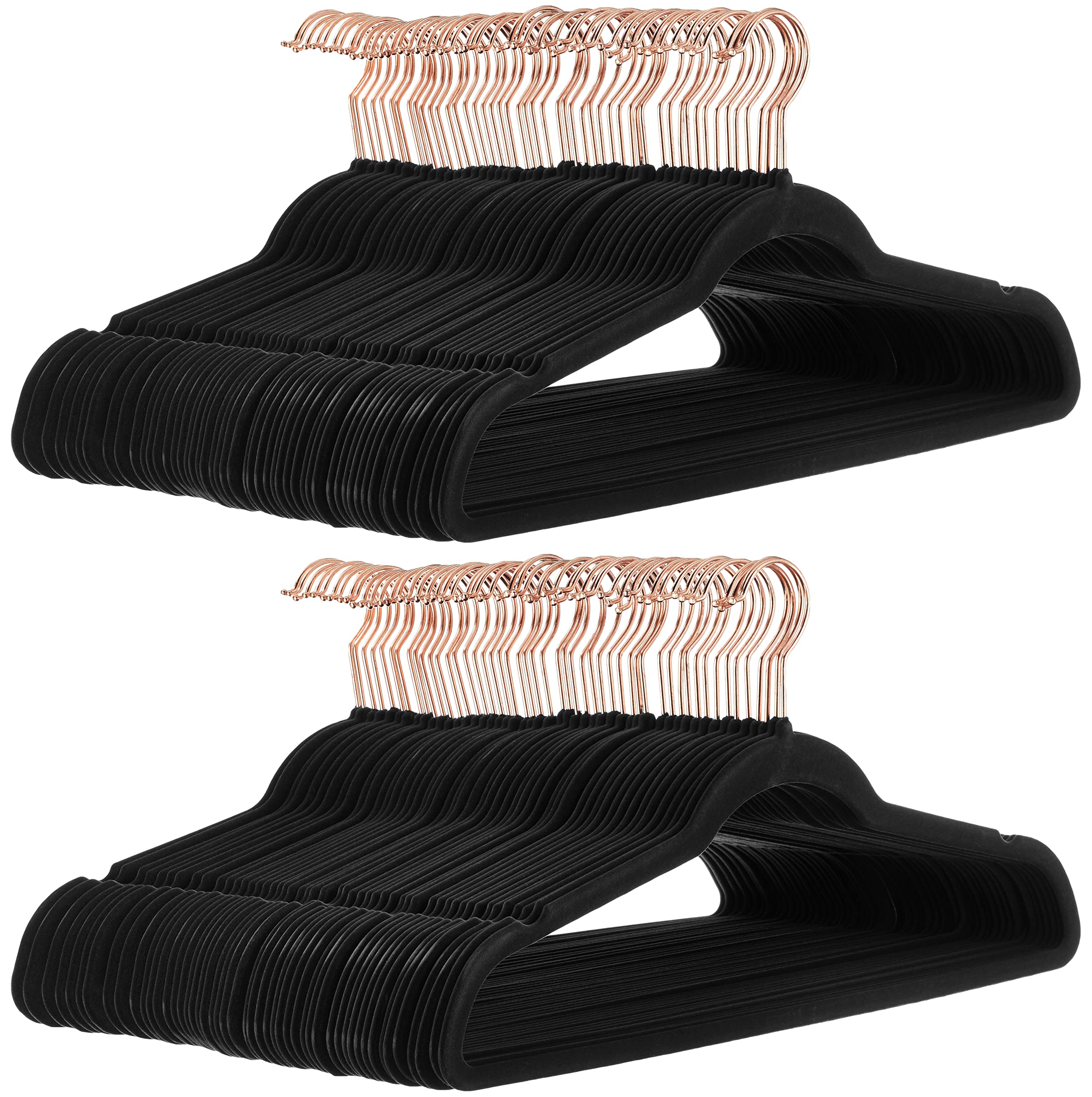 Amazon Basics front view of 100-pack hangers showing organized closet benefit
