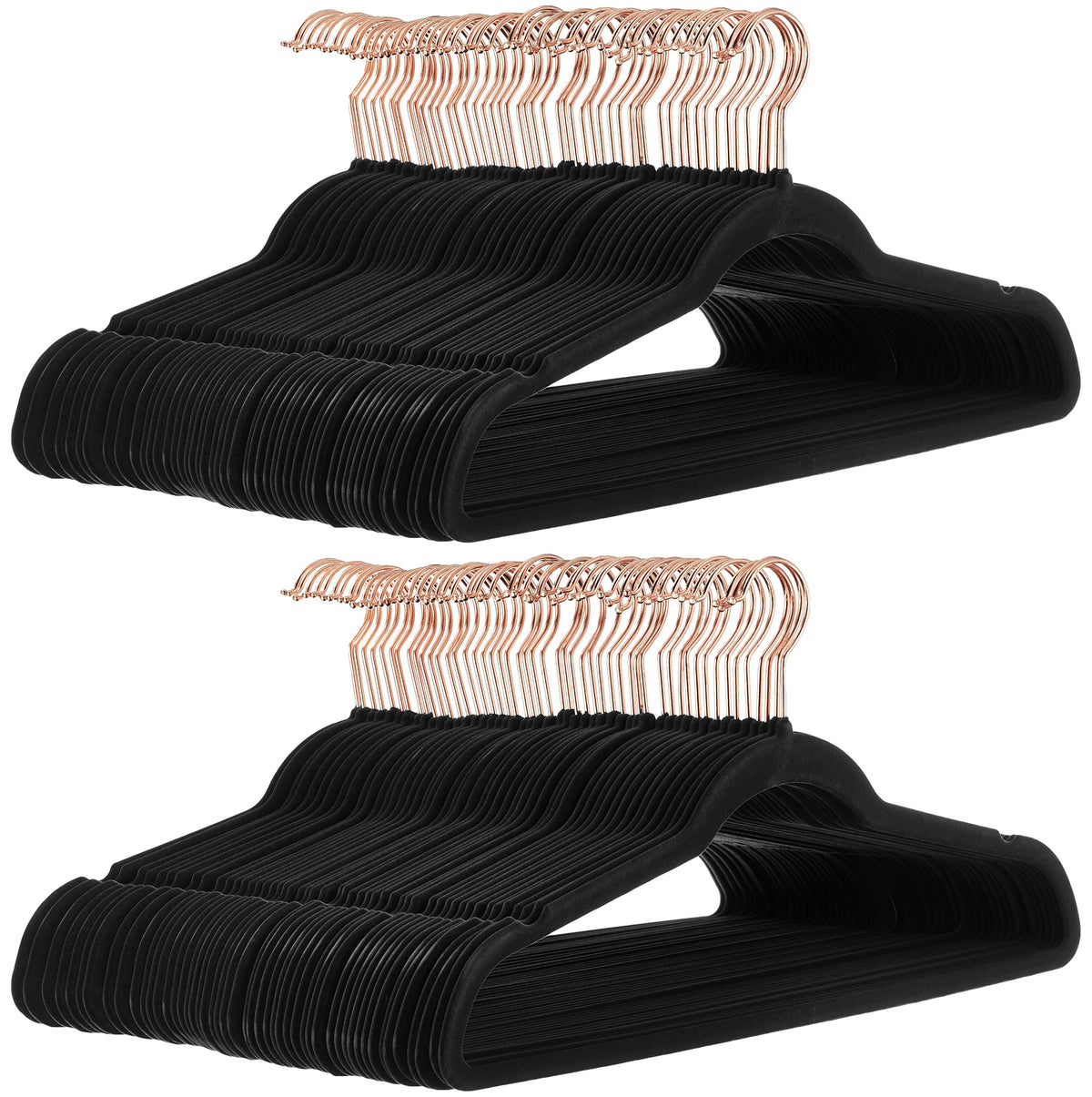 Amazon Basics front view of 100-pack hangers showing organized closet benefit