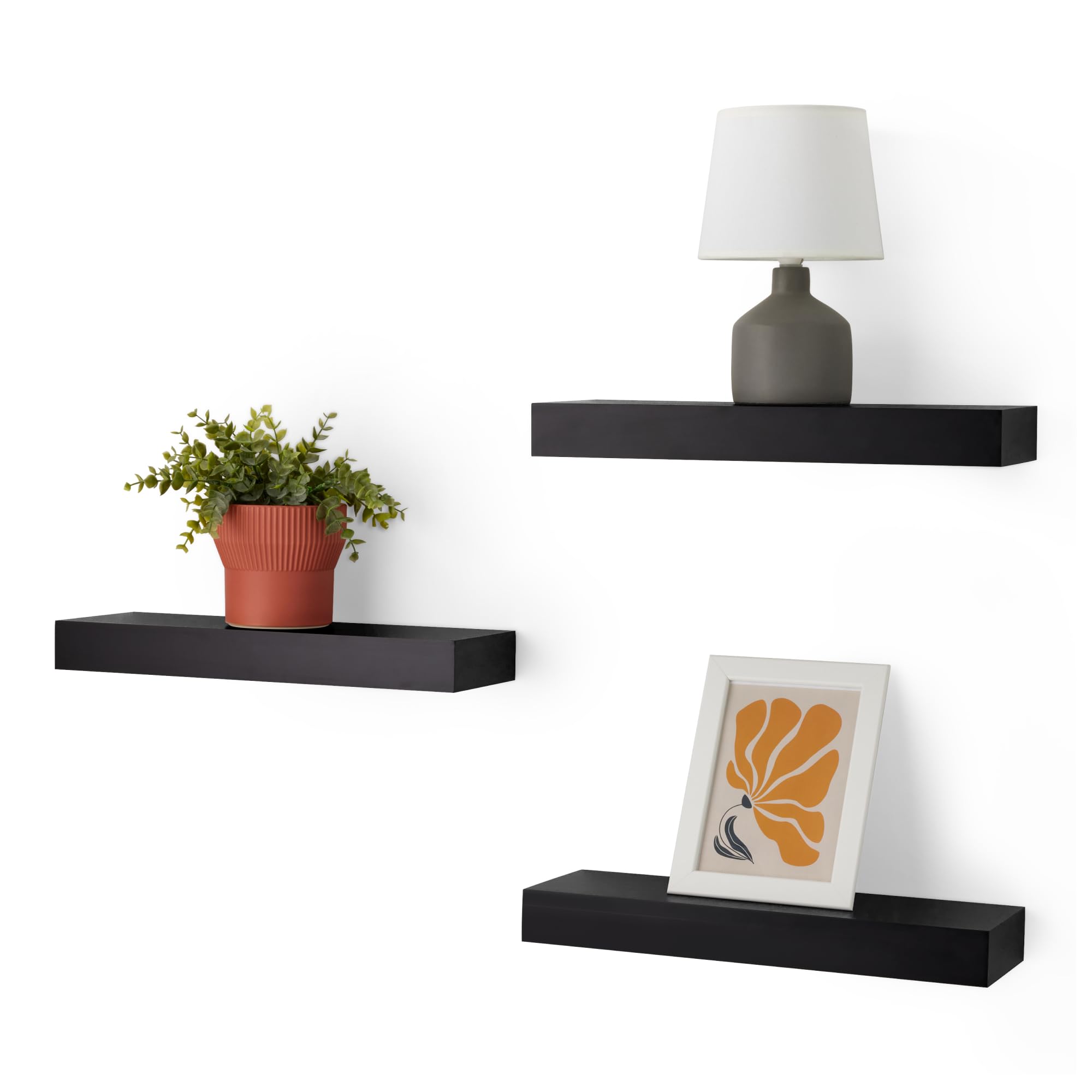 Amazon Basics front view of 3-pack black floating shelves showing clean profile and space-saving benefit