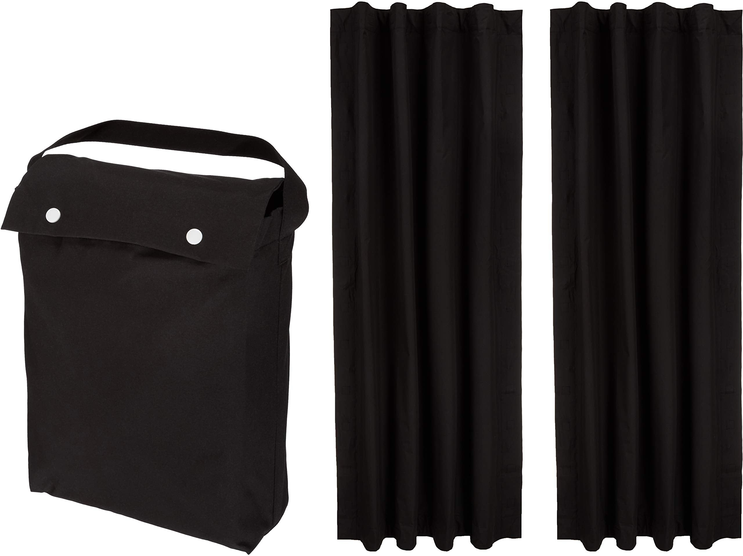 Amazon Basics front view of two-pack blackout curtains showcasing compact packaging and easy setup benefit