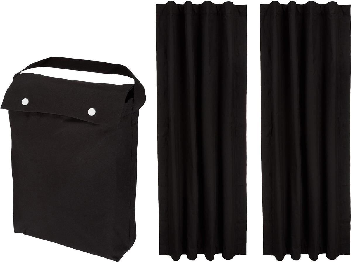 Amazon Basics front view of two-pack blackout curtains showcasing compact packaging and easy setup benefit
