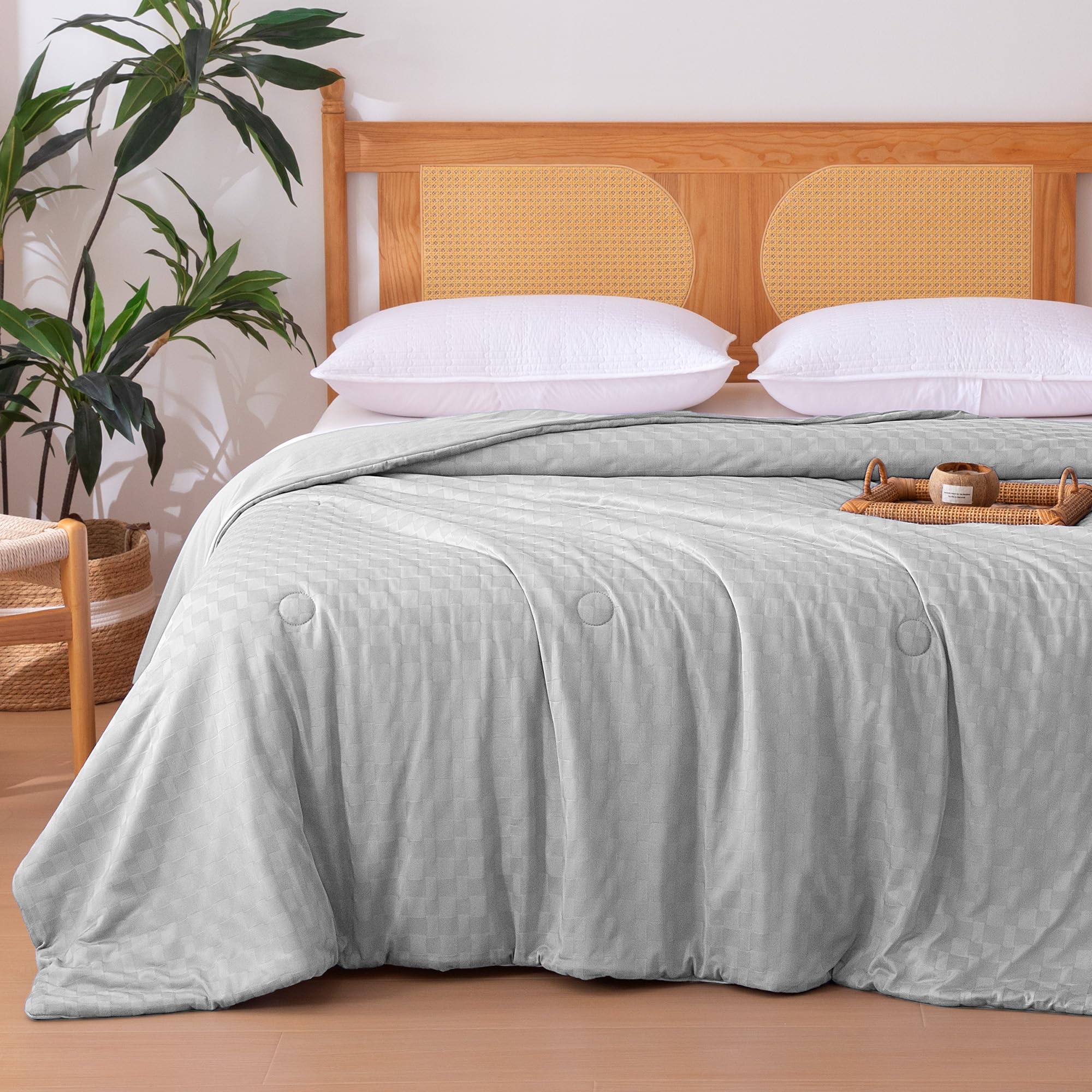 Amazon Basics front view of gray queen comforter showing clean lines and breathable look