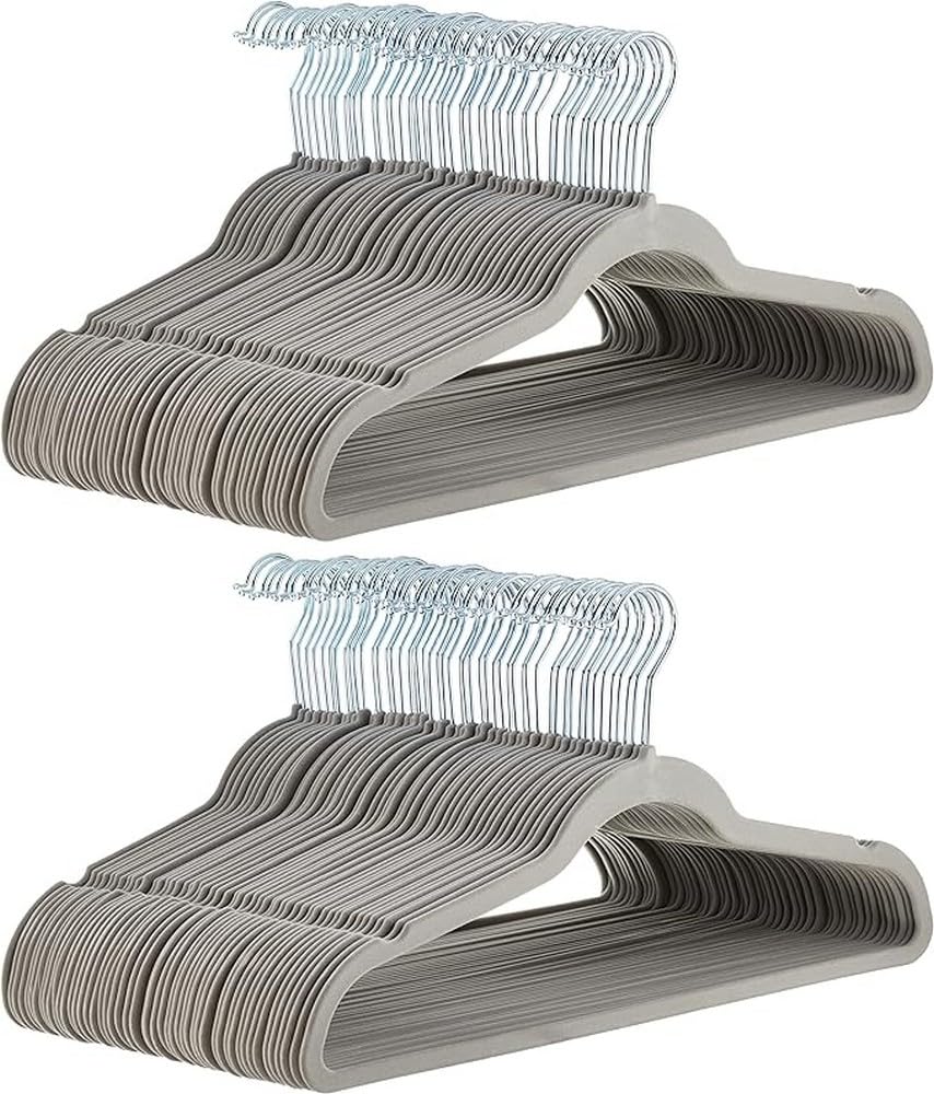 Amazon Basics front packaging showing 100-pack gray/silver hangers for organized closets