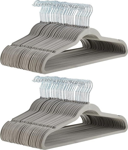 Amazon Basics front packaging showing 100-pack gray/silver hangers for organized closets