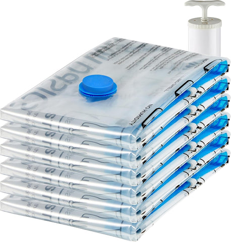 Amazon Basics front packaging showing six jumbo vacuum storage bags and benefits