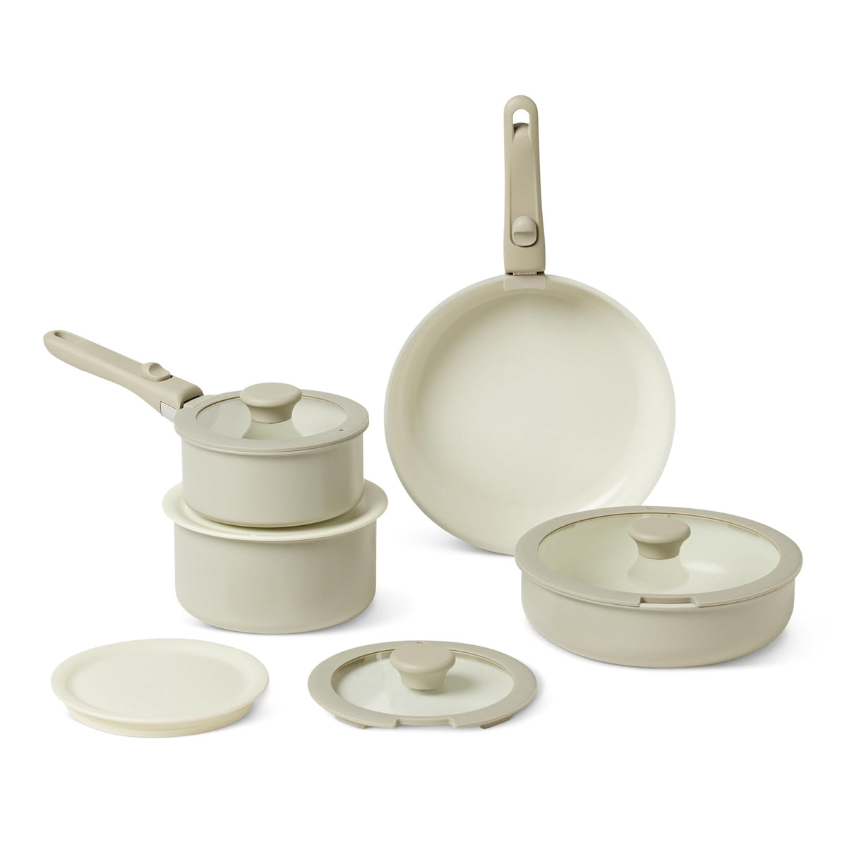 Amazon Basics front view of linen gray cookware set showing compact stackable layout and benefits