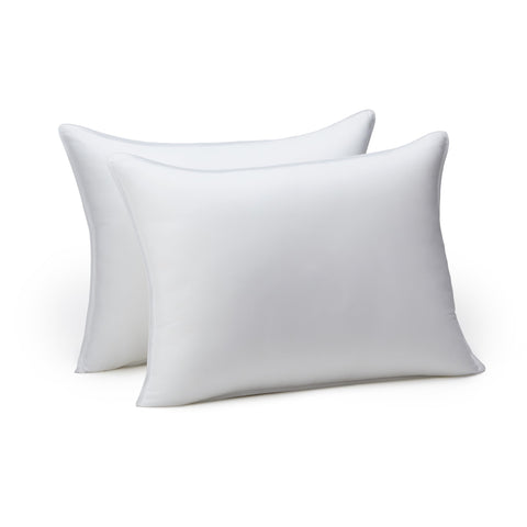 Amazon Basics front view of two white pillows showing clean packaging and value
