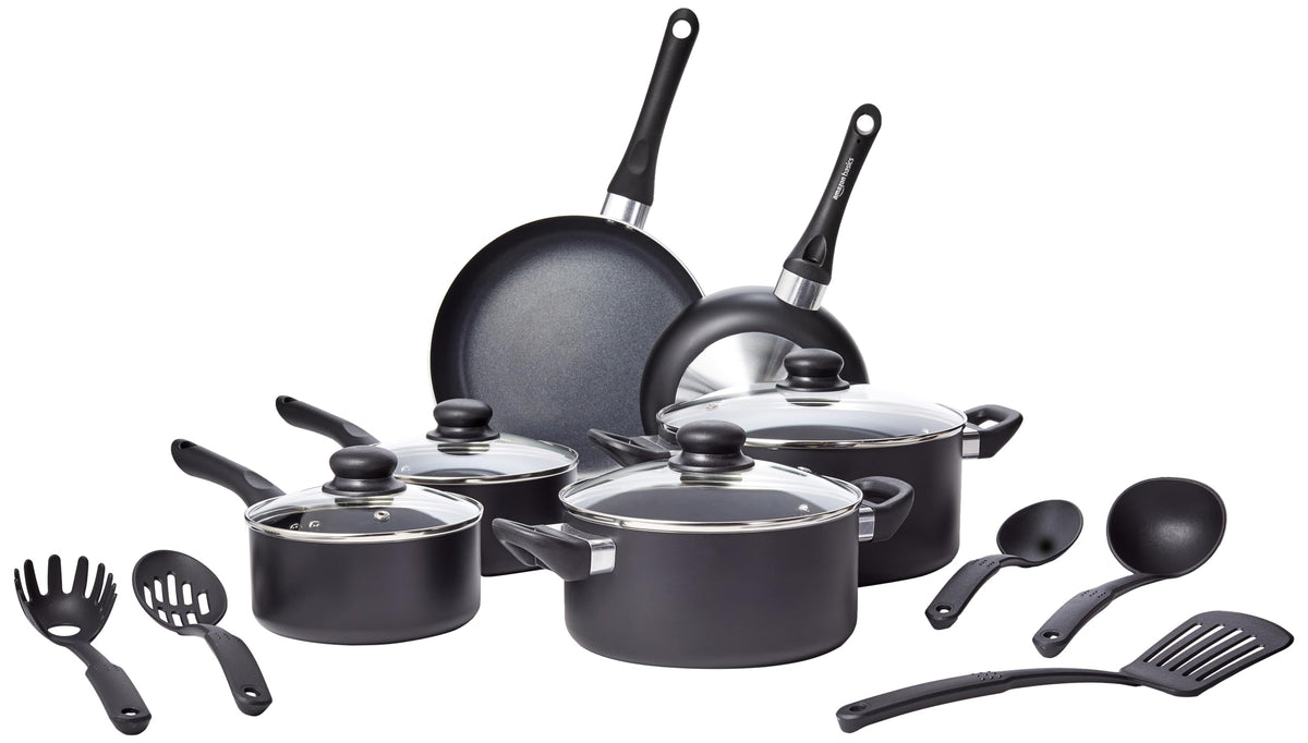 Amazon Basics front packaging showing full 15-piece set and starter convenience