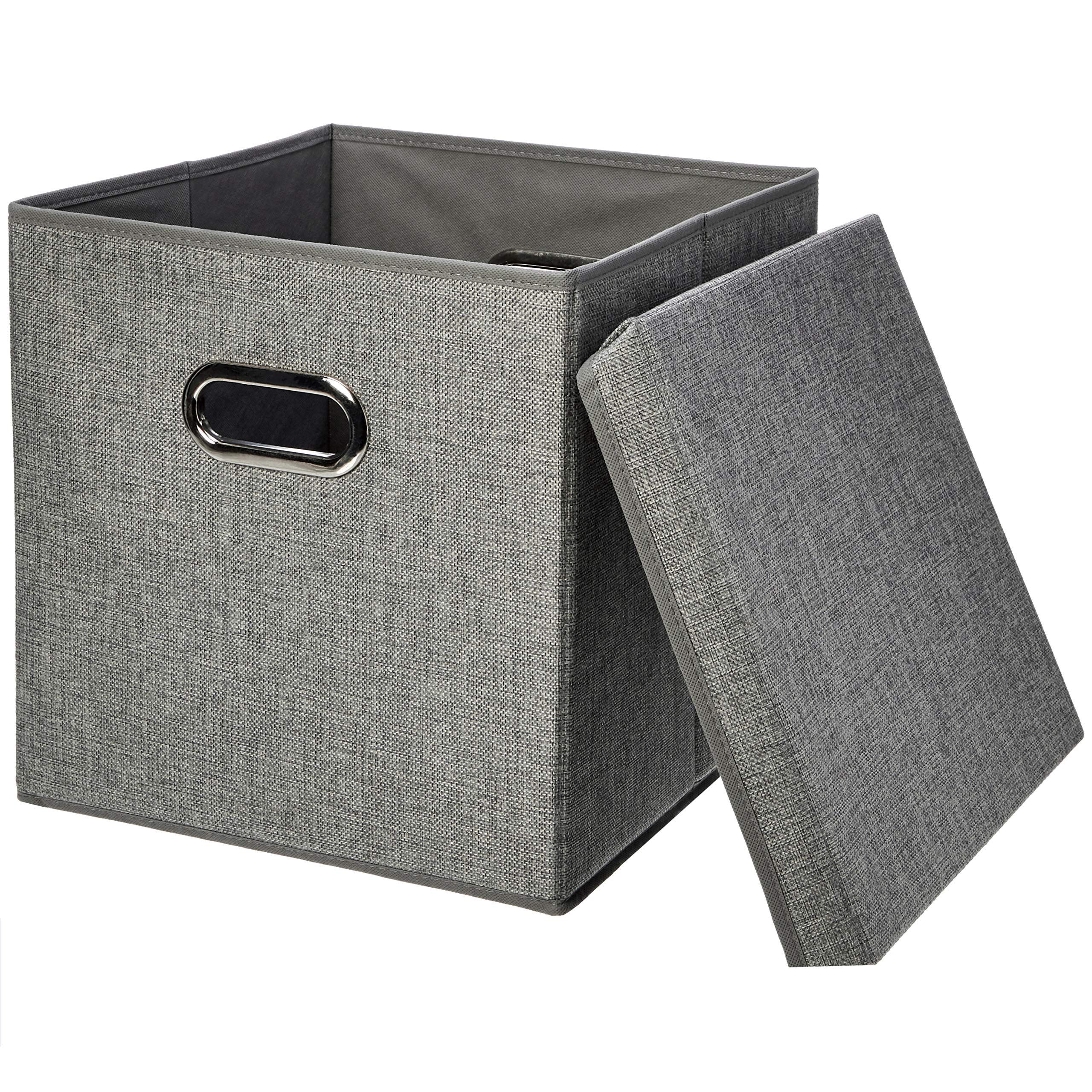 Amazon Basics front view of two gray burlap storage cubes showing lid and handles for neat storage