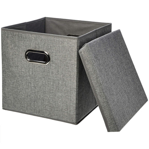 Amazon Basics front view of two gray burlap storage cubes showing lid and handles for neat storage