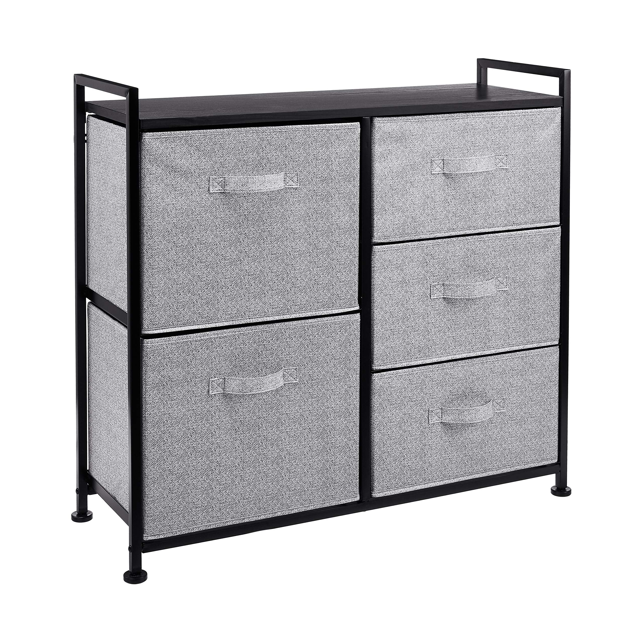 Amazon Basics front view of 5-drawer organizer showing sleek black storage and tidy appearance