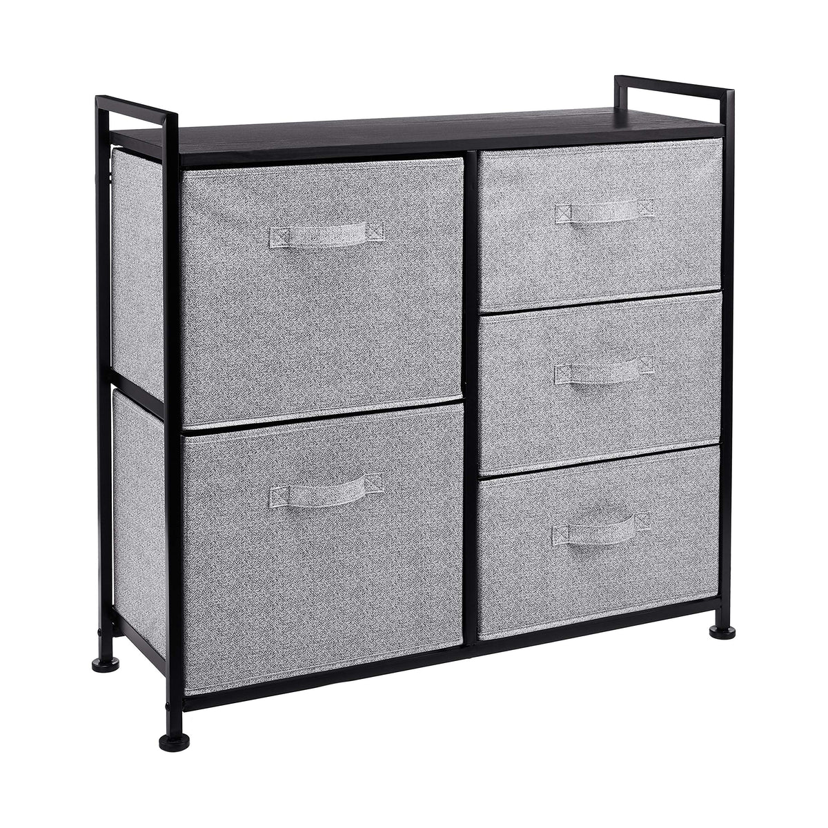 Amazon Basics front view of 5-drawer organizer showing sleek black storage and tidy appearance