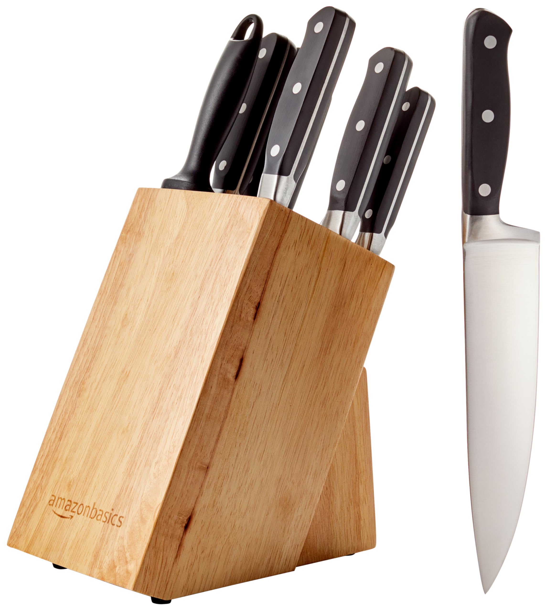 Amazon Basics front view with pine block showing neat countertop storage and quick access