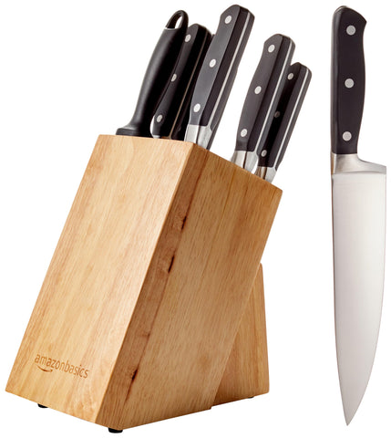 Amazon Basics front view with pine block showing neat countertop storage and quick access