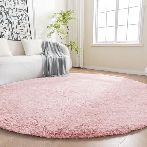 Amazon Basics front view of pink round rug highlighting plush look and cozy comfort